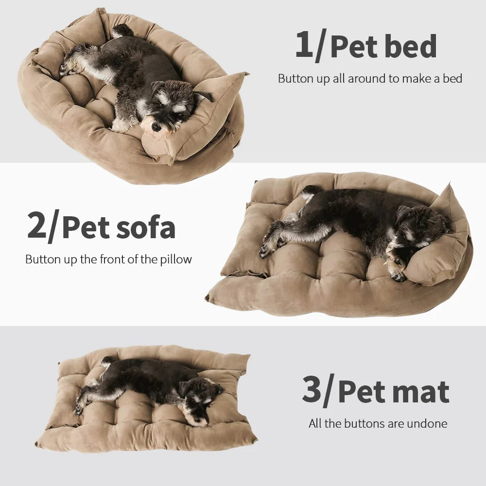 Pet bed transforming into a sofa and mat with a dog lying on each form. Versatile 3-in-1 pet bed that transforms into a sofa, sleeping bed and mat for dogs and cats
