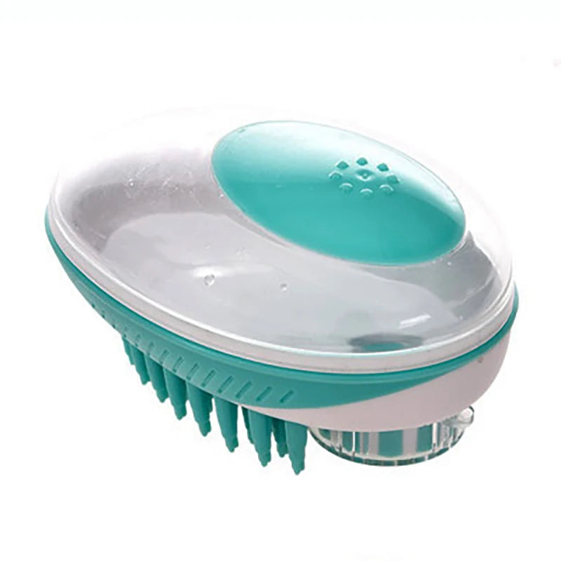 Turquoise and white pet grooming brush on a white background