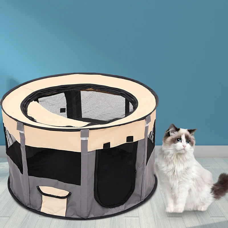 Pet playpen with a cat sitting inside on a blue background - lightweight portable puppy playpen for travel.