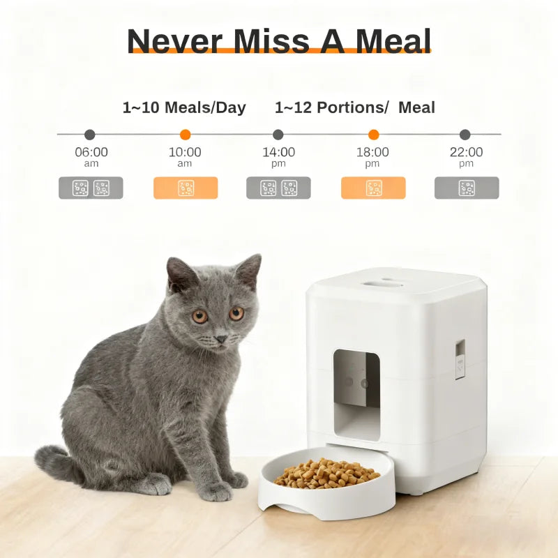 Cat sitting next to a white pet feeder with a bowl of food, Automatic pet food dispenser with Wi-Fi app control.