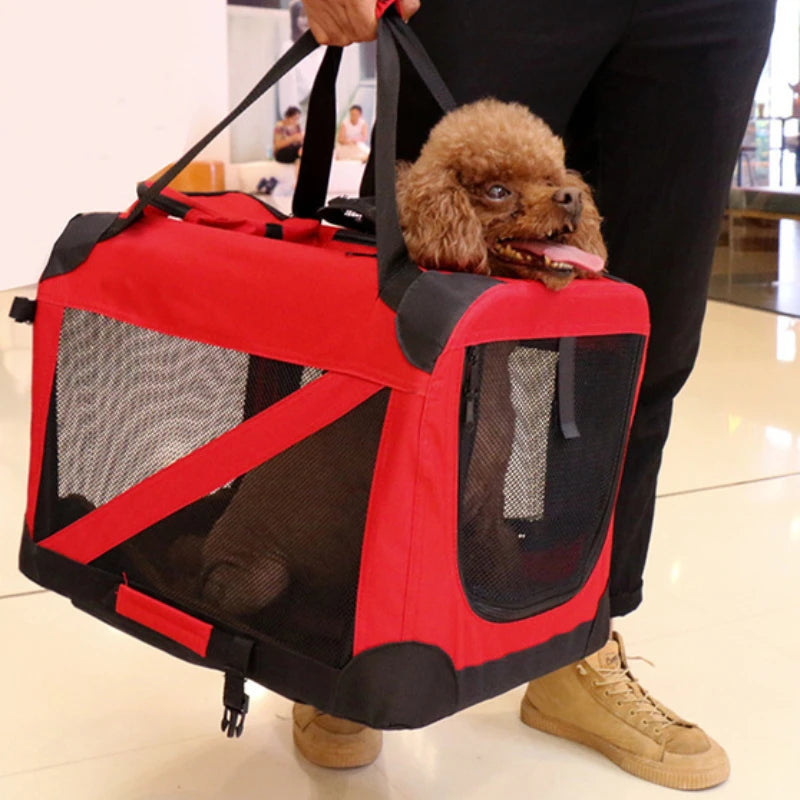 Red and black pet carrier with a small dog inside, portable dog carrier for safe travel.