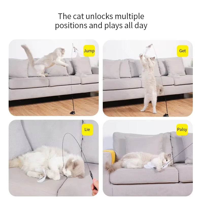 Cat playing with a toy on a couch, demonstrating various actions like jump, get, lie, and paly. Interactive feather toy for kittens and adult cats.