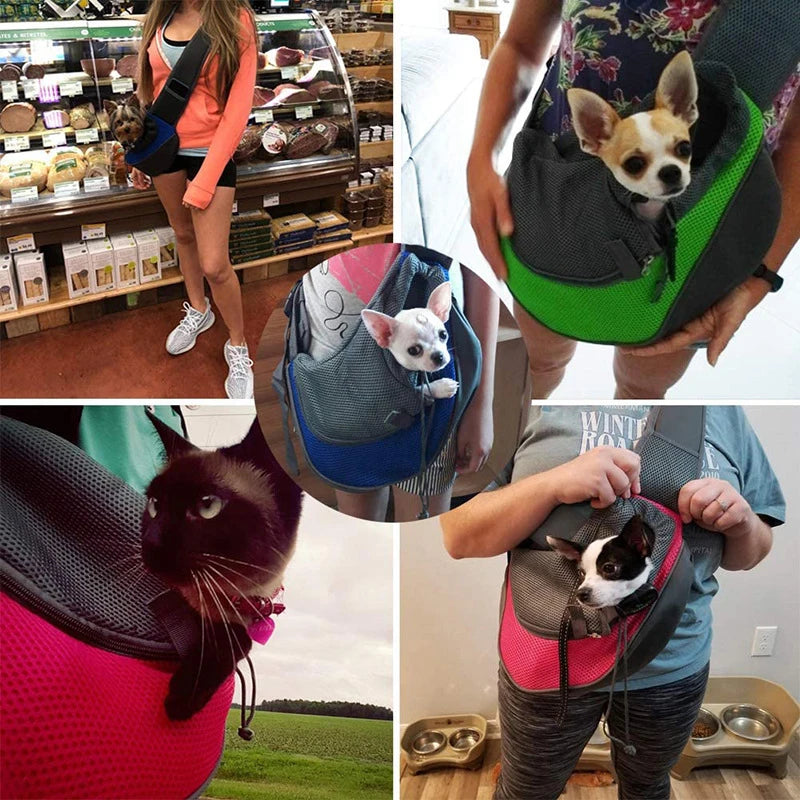 Collage of various pets in different pet carriers with people holding them - Hands-free shoulder sling carrier for puppies and kittens.