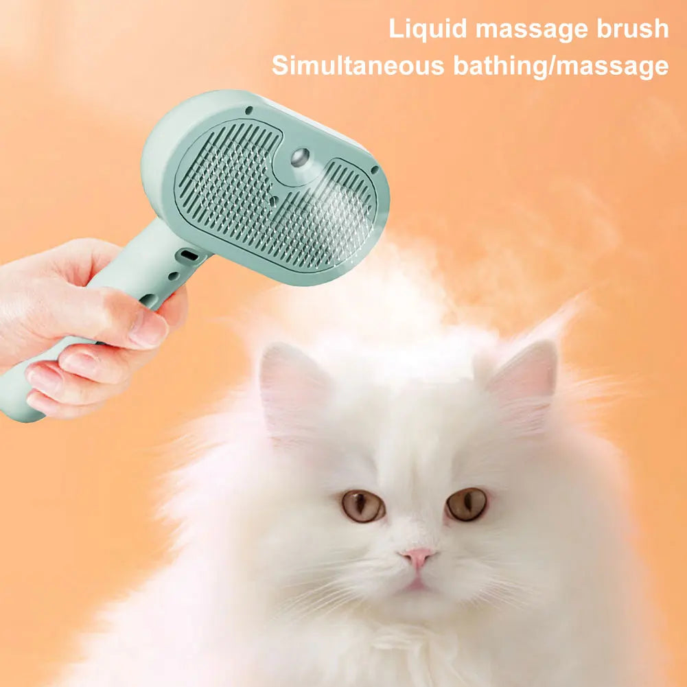 Person using a liquid massage brush on a white cat with an orange background - 3-in-1 pet grooming brush for healthy coats and easy hair removal.