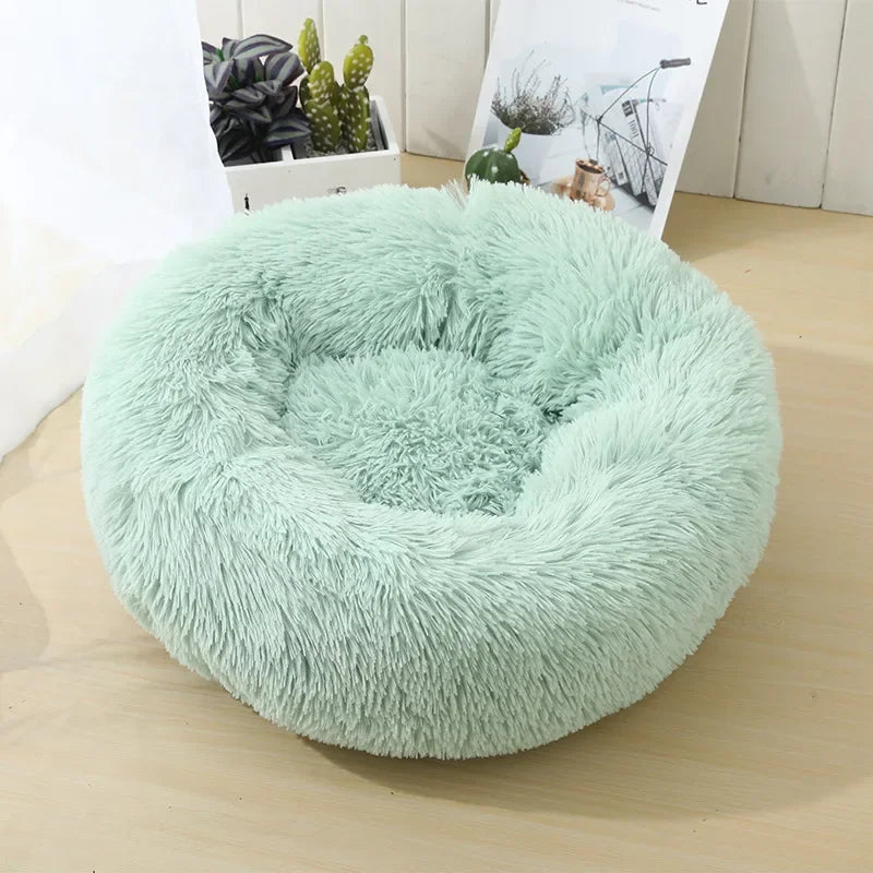 Green fluffy pet bed on a wooden floor with a blurred indoor background - Plush donut bed with raised edges for extra comfort.