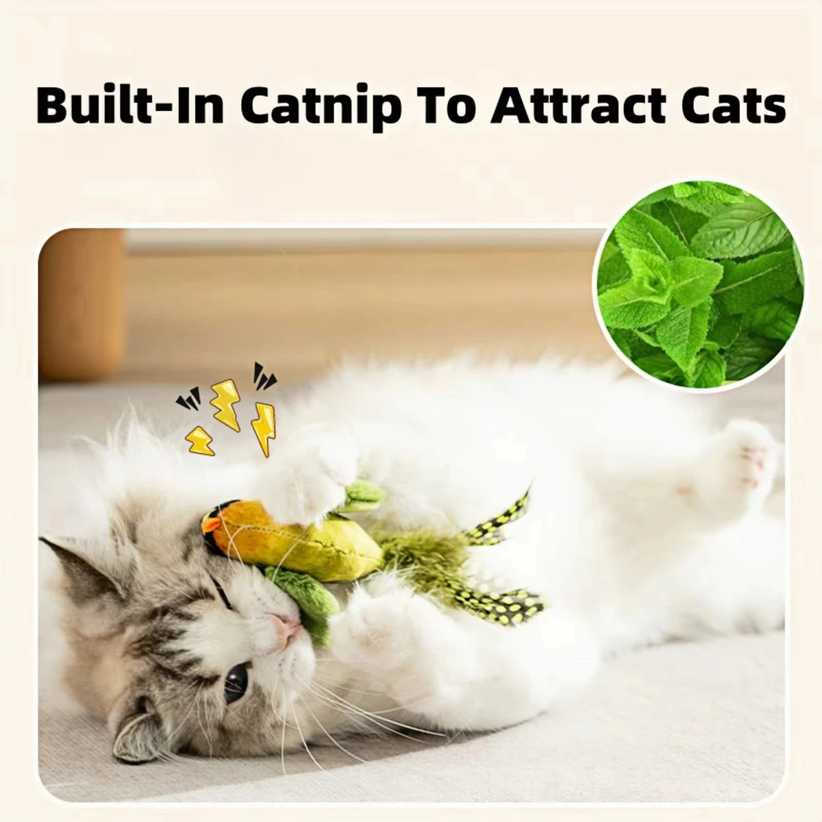 Cat playing with a toy featuring built-in catnip, with a close-up of catnip leaves. Interactive sound toy encouraging natural cat hunting instincts.