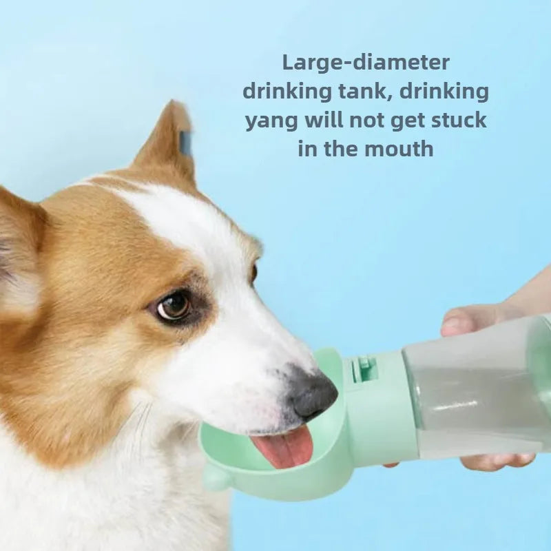 Dog drinking from a green water bottle with text Portable water bottle for outdoor pet adventures