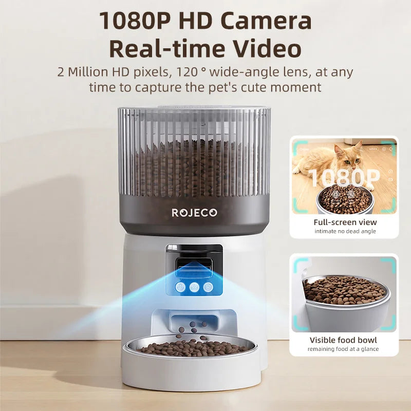 Pet feeder with 1080P HD camera and real-time video feature, displaying food and a cat, Smart automatic pet feeder for cats with programmable meal scheduling.
