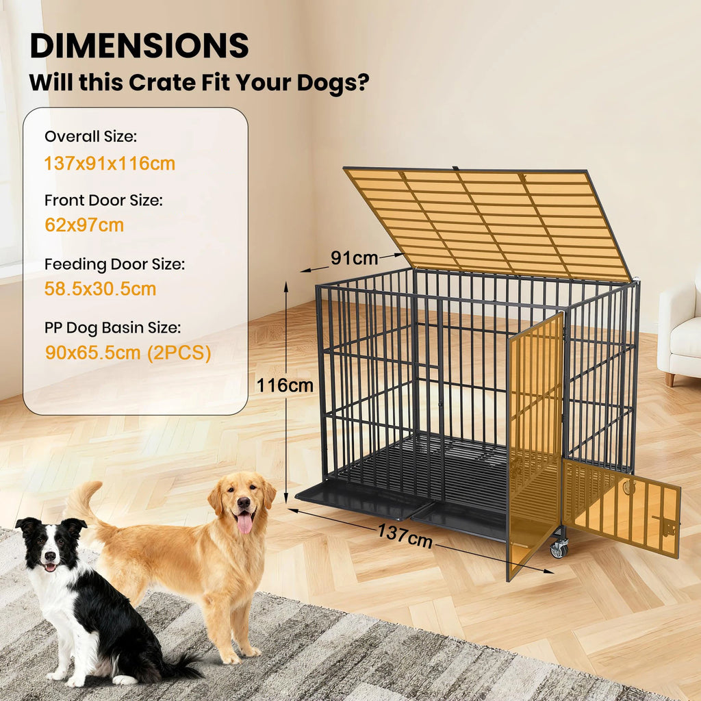 Pet crate with dimensions displayed, showing two dogs standing next to it - Secure indoor dog crate with locking caster wheels.