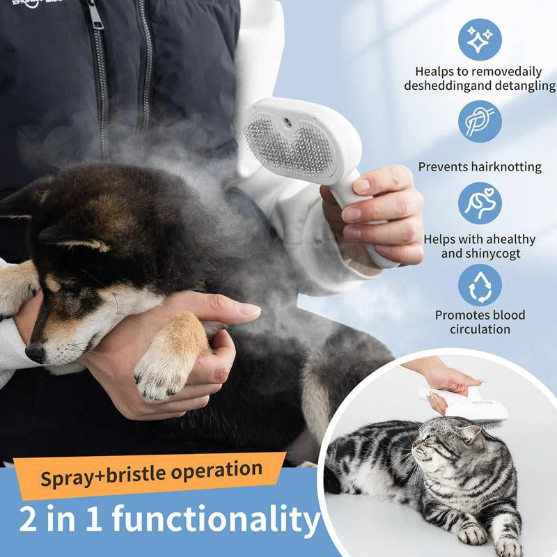 Person grooming a dog with a pet grooming tool, featuring text about product benefits. Dog and cat massage brush for loose hair removal.