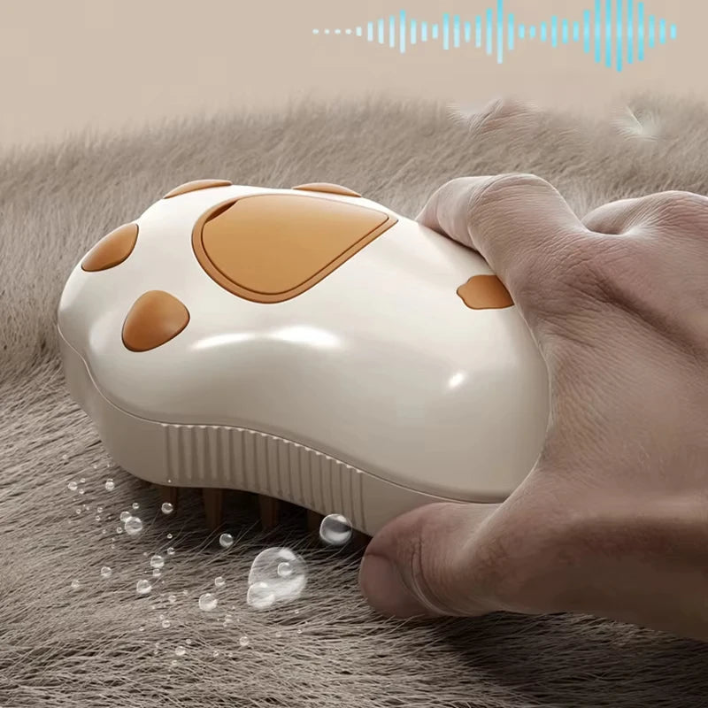 Hand using a pet grooming tool on a fluffy surface with sound wave graphics.  above.  Pet grooming tool for removing loose shedding fur.