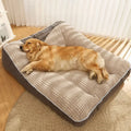 Dog lying on a large, quilted pet bed in a room with a warm sleeping cushion for pets of all sizes.