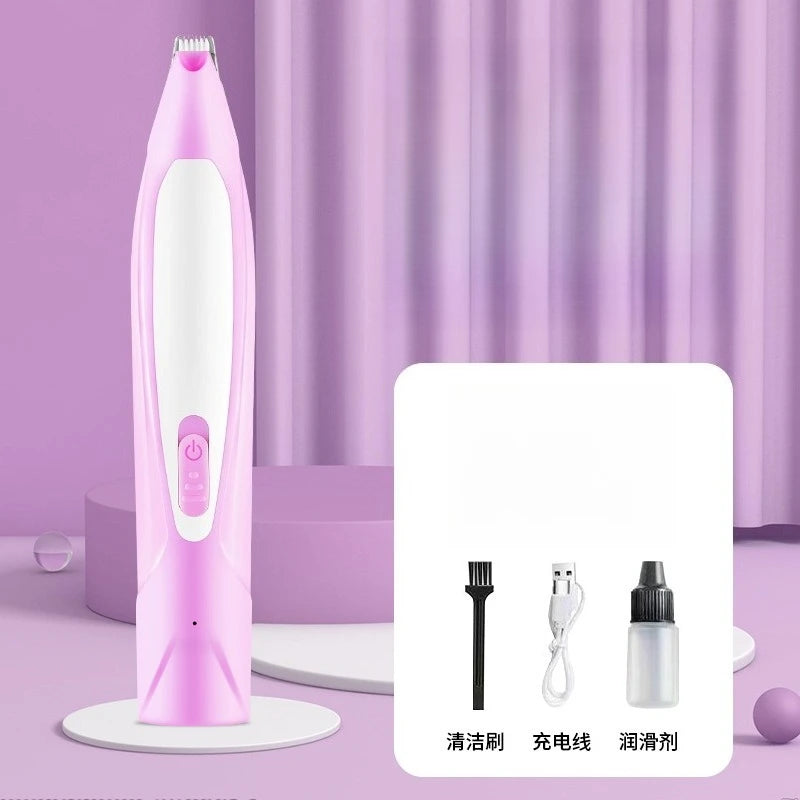 Pink electronic device with accessories on a purple background. Pink LED pet grooming clipper with accessory set for dogs and cats.