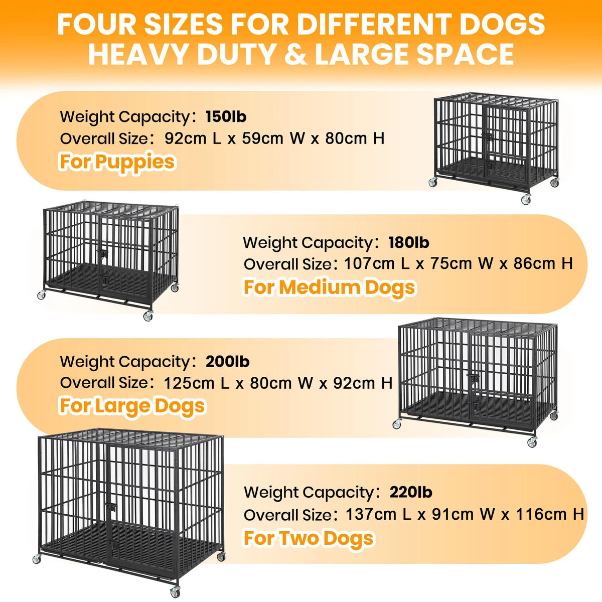 Dog crates of different sizes with weight capacities and dimensions - Durable metal dog cage for powerful dog breed