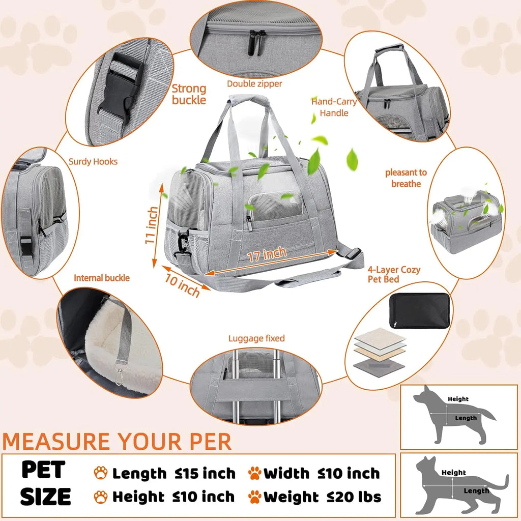Gray pet carrier with features and measurements soft pet carrier with removable mat designed for cats and small dogs up to 20 lbs.
