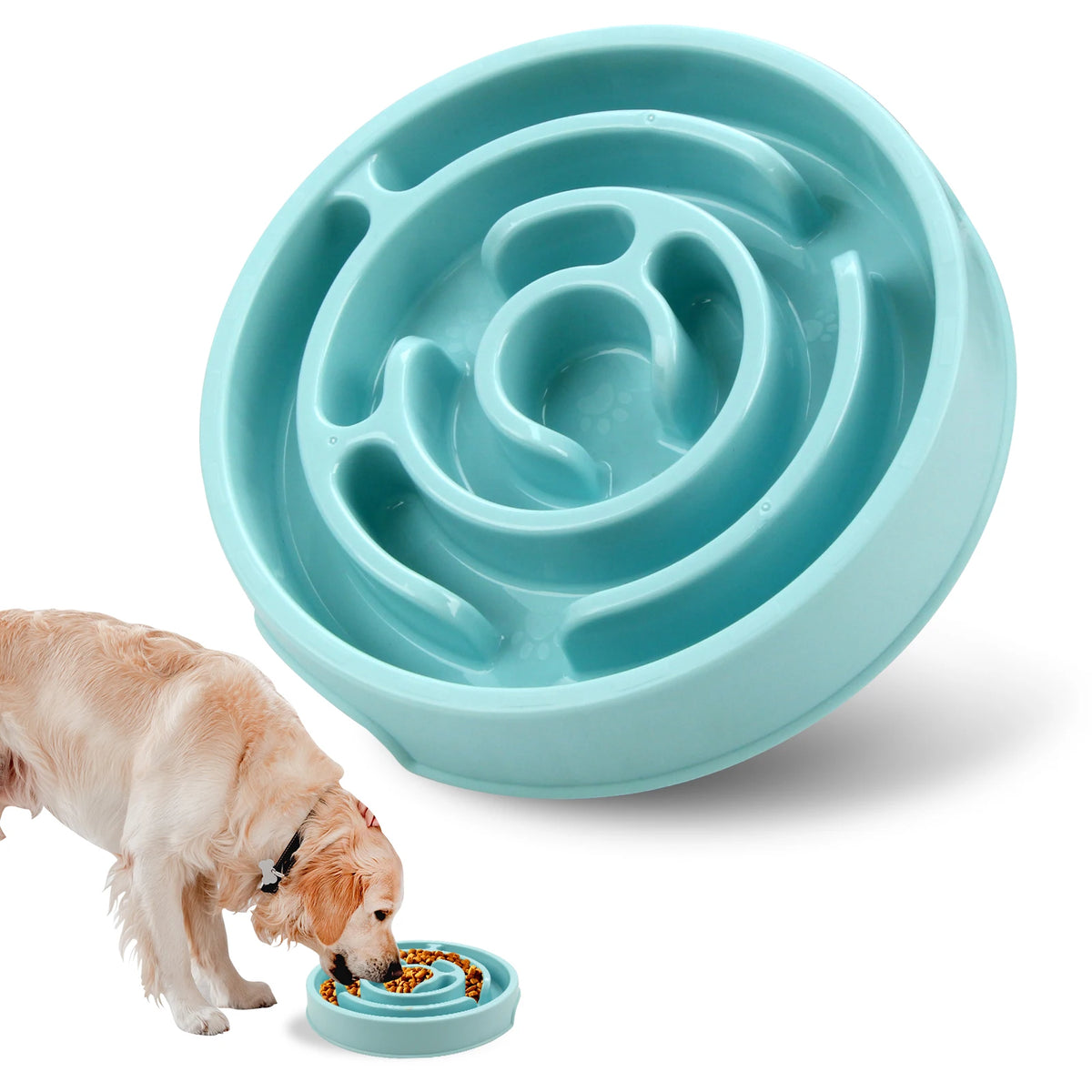 Blue anti-gulping slow feeder bowl for dogs with raised feeding maze.