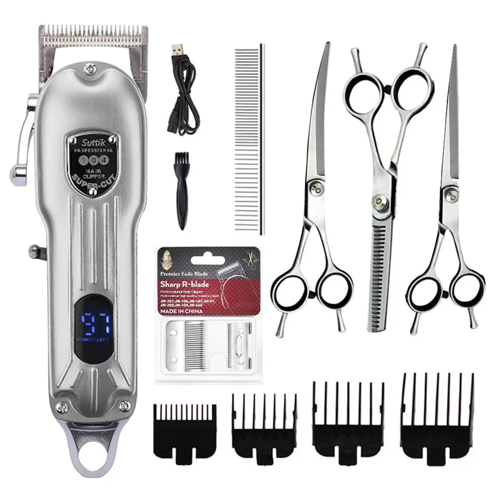 Silver cordless pet grooming clipper kit with guide combs, scissors, comb, and additional grooming accessories.