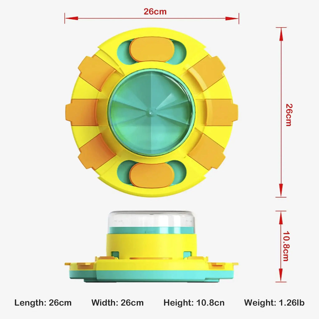Yellow and green circular object with measurements.  Interactive dog puzzle and slow feeder for enrichment.