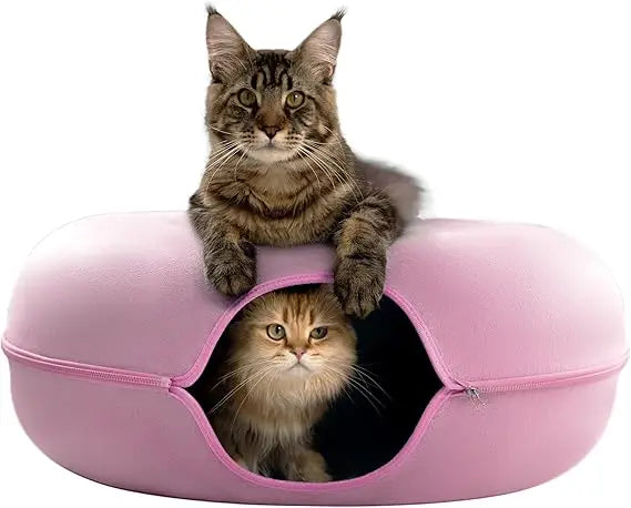 Two cats in a pink pet bed on a white background, Cozy hideaway bed designed for cat up to 45lbs.