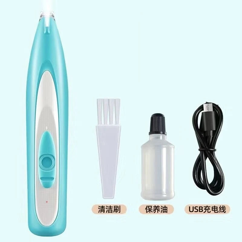 Blue electronic device with cleaning brush, oil bottle, and USB cable. Blue pet grooming clipper kit with charging cable and trimming attachments.