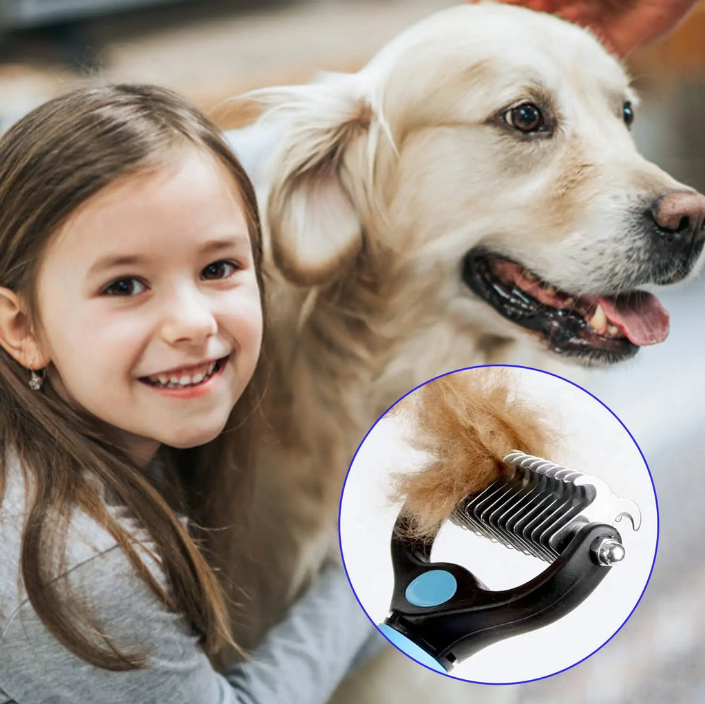 Child with a dog and a close-up of a grooming tool. Dog deshedding brush with ergonomic handle.