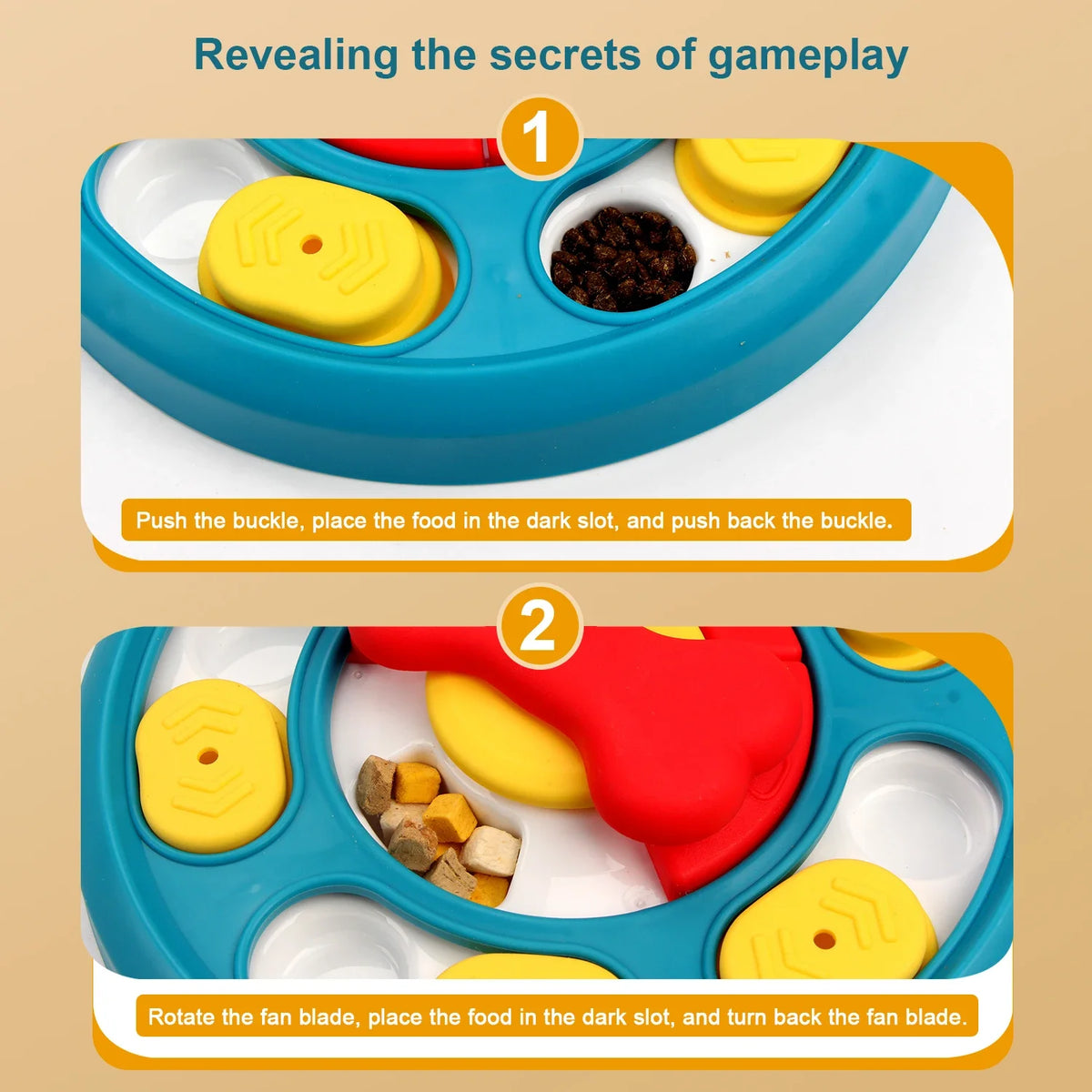 Colorful toy with instructions on how to play, Interactive dog food puzzle for mental stimulation.