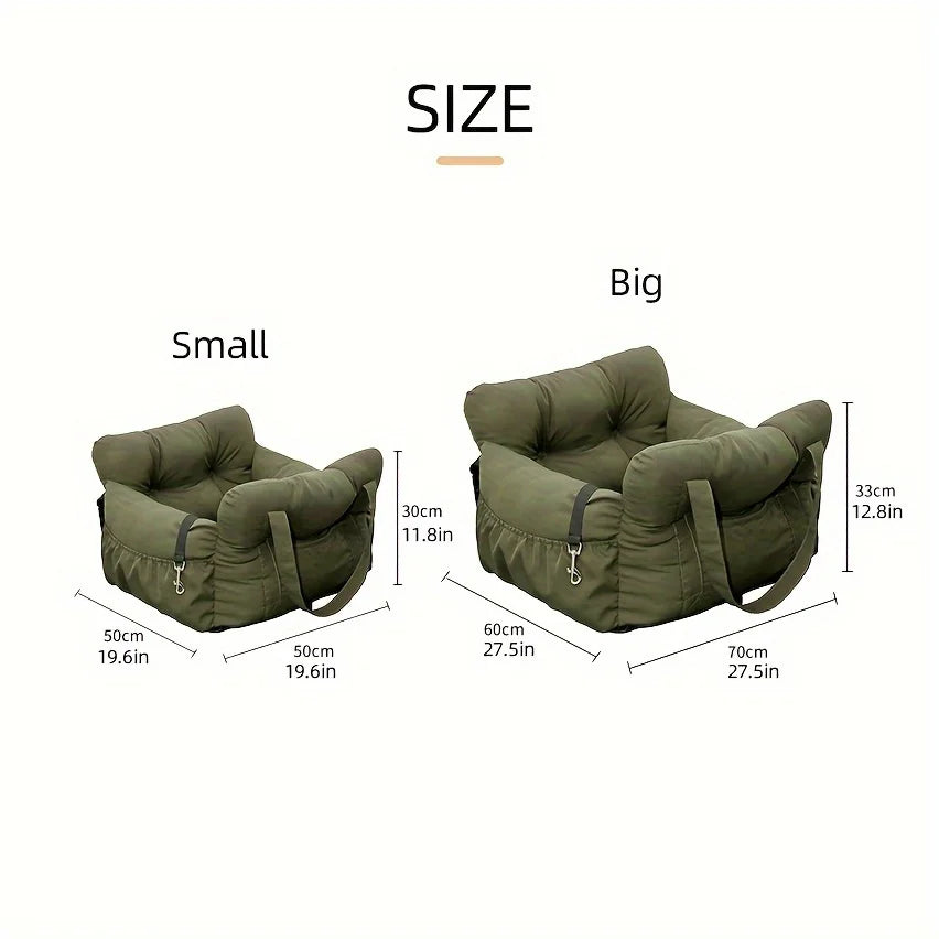 Comparison of small and big green pet carriers with dimensions labeled. Portable pet travel bed for dogs and cats designed in two sizes