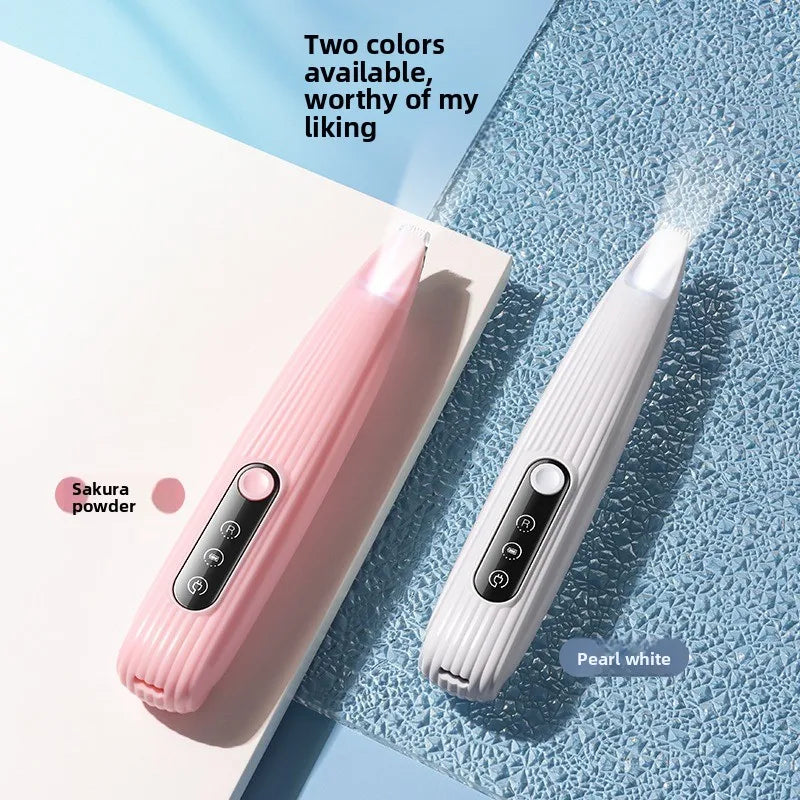 Pink and white handheld devices on a textured blue surface with text indicating color options, Cordless pet grooming clippers for dogs and cats.