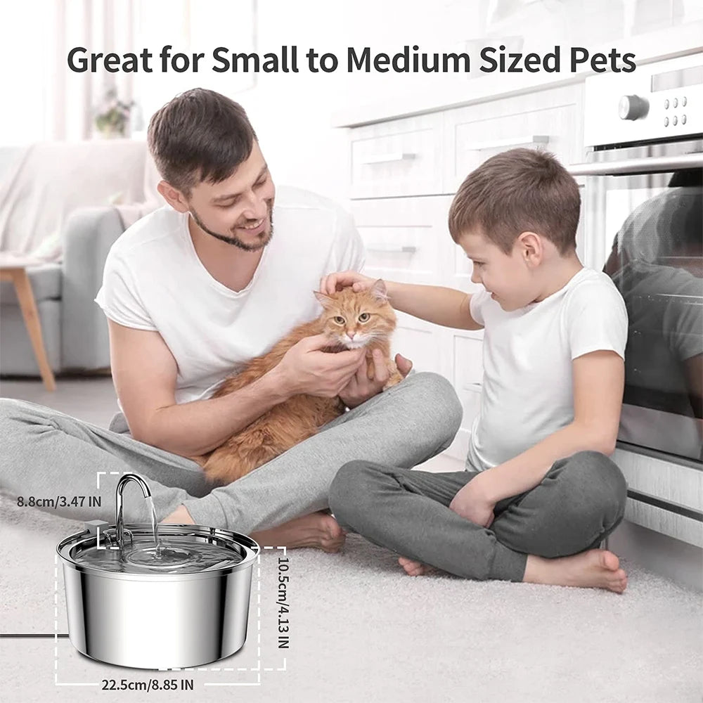 Adult man with child, a cat, featuring a pet water bowl with dimensions displayed, Hygienic stainless steel pet water fountain for indoor pets.