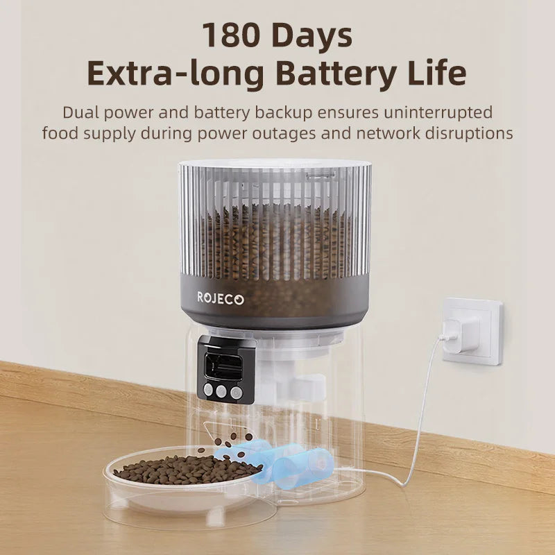 Pet food dispenser with 180 days extra-long battery life feature, showing food being dispensed into a bowl, Modern Wi-Fi automatic feeder for dry cat food.
