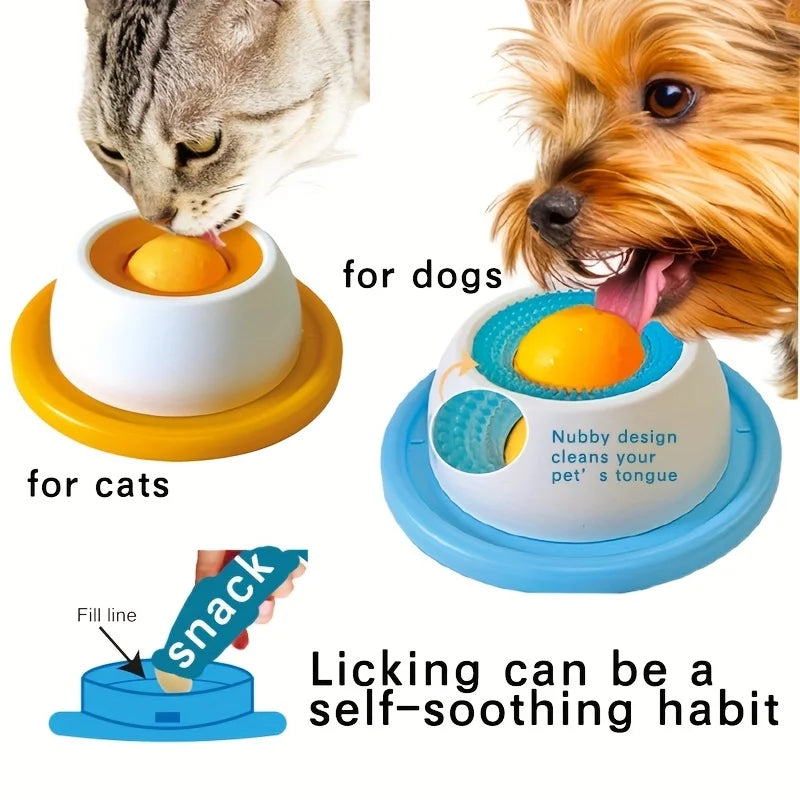 Two pet toys for cats and dogs with a snack dispenser, labeled 'for cats' and 'for dogs'.