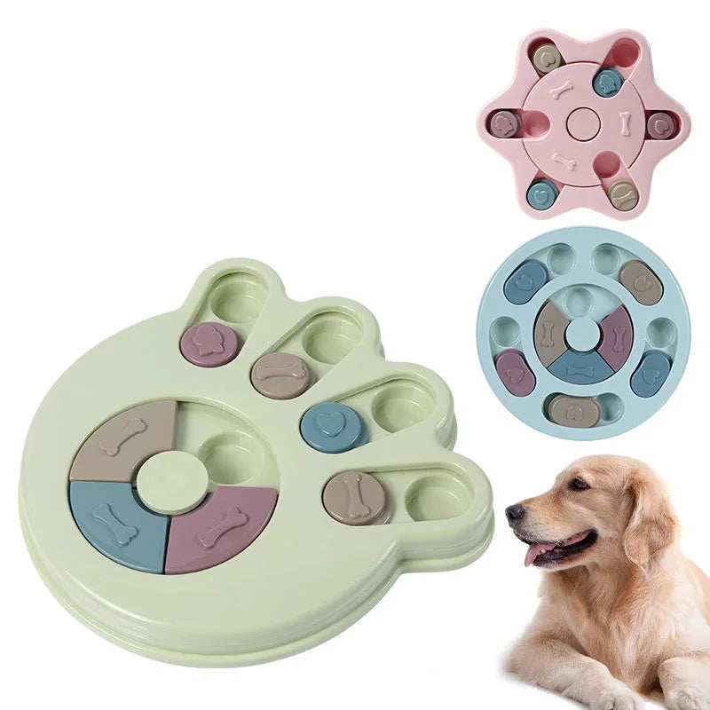 Three dog toys with a dog looking at them. Interactive dog puzzle toy and slow feeder.