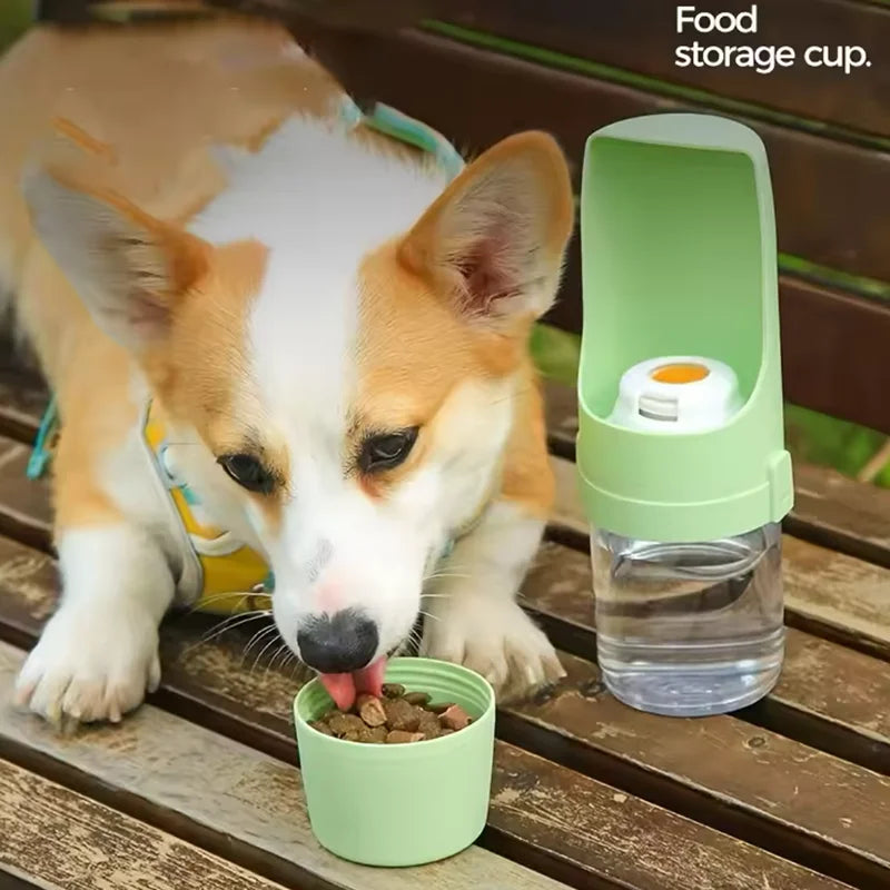 Dog eating from a green food storage cup with a water bottle, dog travel water bottle with built-in food storage for outdoor adventures