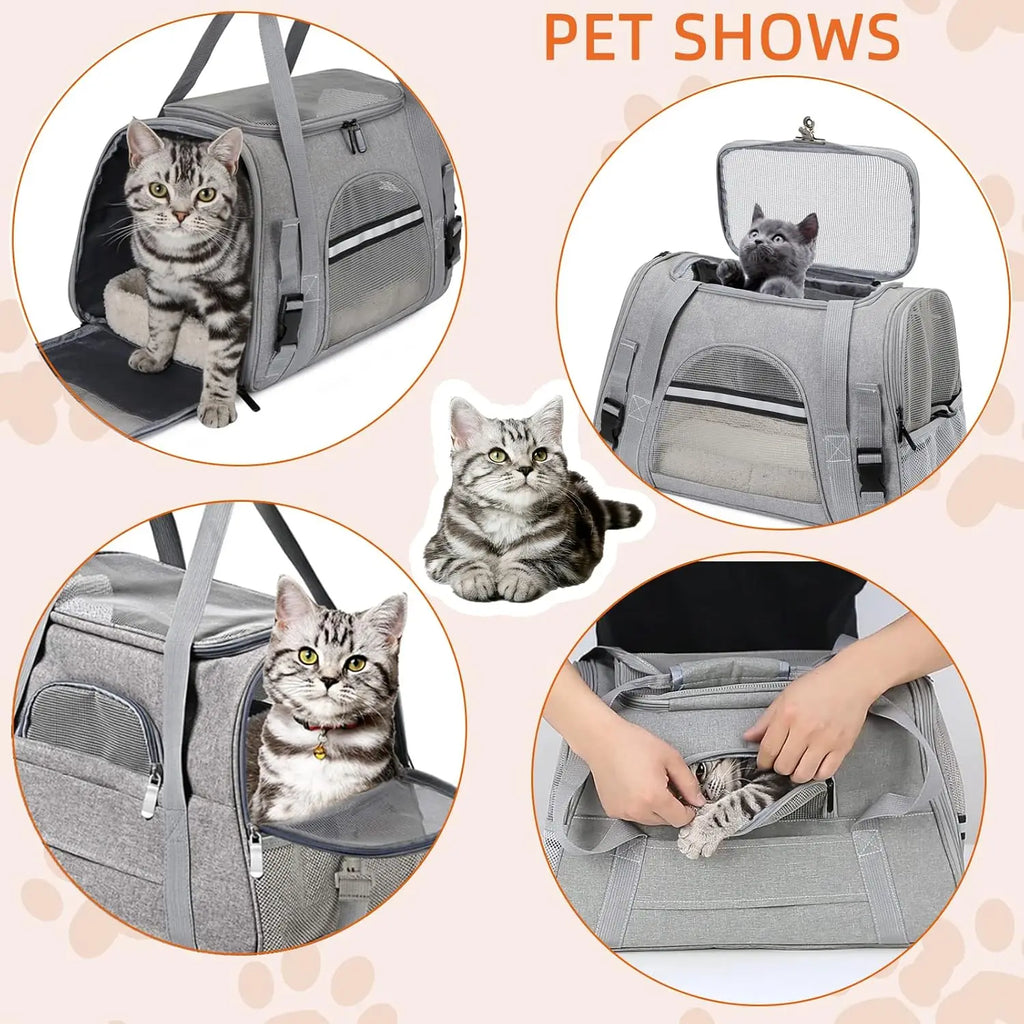 Collage of a gray pet carrier with a cat, labeled 'Pet Shows', Soft pet carrier with removable mat designed for cats and small dogs up to 20 lbs.
