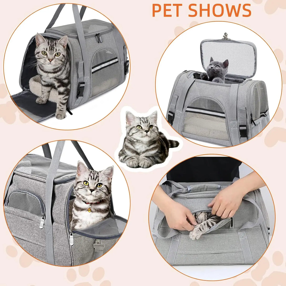 Collage of a gray pet carrier with a cat, labeled 'Pet Shows', Soft pet carrier with removable mat designed for cats and small dogs up to 20 lbs.
