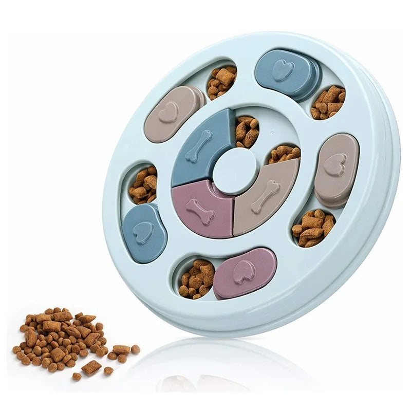 Interactive slow feeder puzzle bowl for dogs with food-hiding compartments and dry kibble.