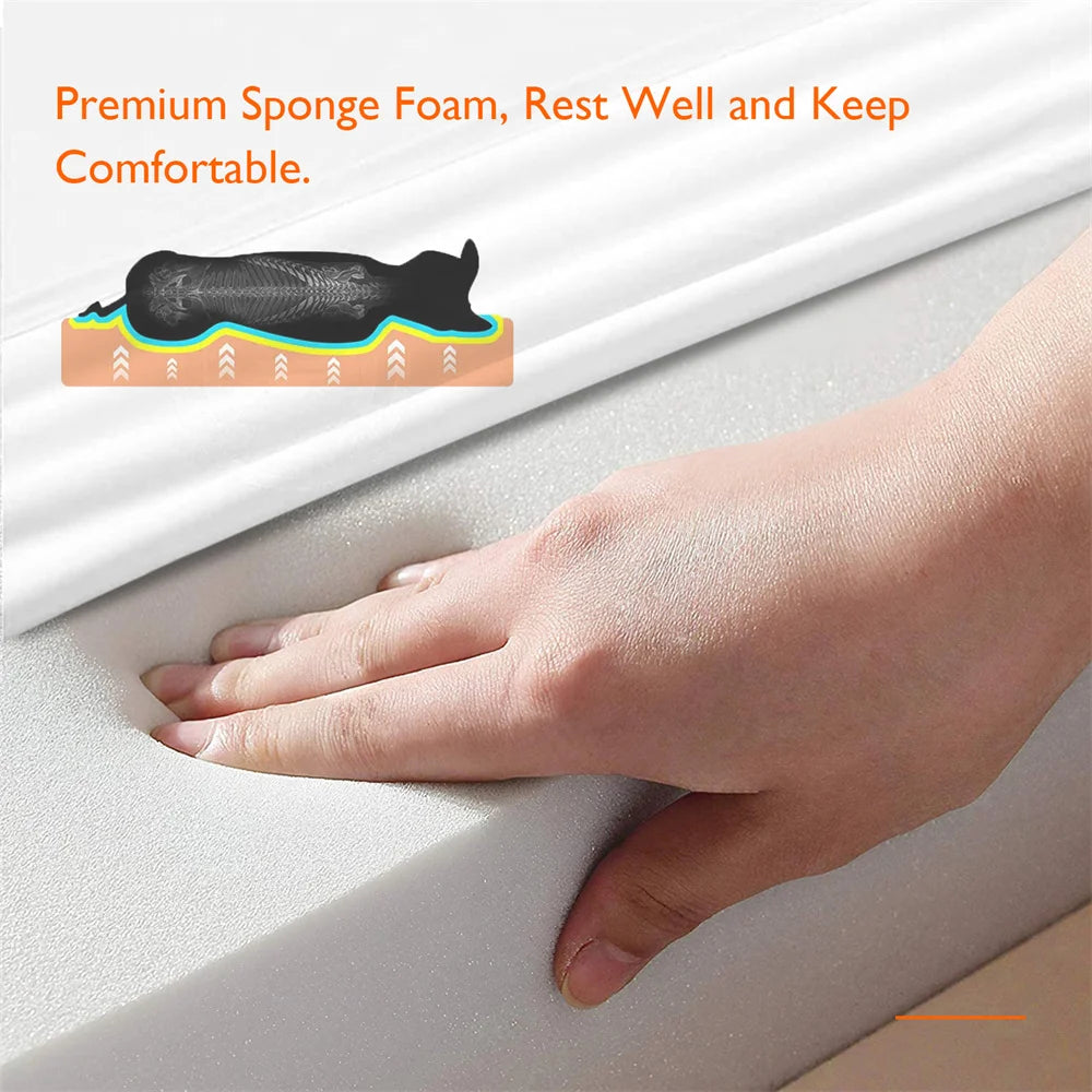 Hand pressing into premium sponge foam with text 'Premium Sponge Foam, Rest Well and Keep Comfortable.' Memory foam dog bed for senior dogs.