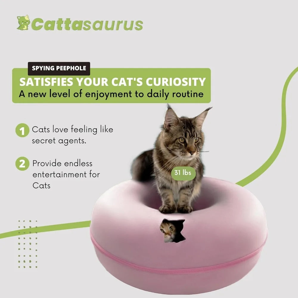 Pink cat toy with a cat on top and text about satisfying a cat's curiosity, luxury cat cave with scratch pad for sleeping and play.