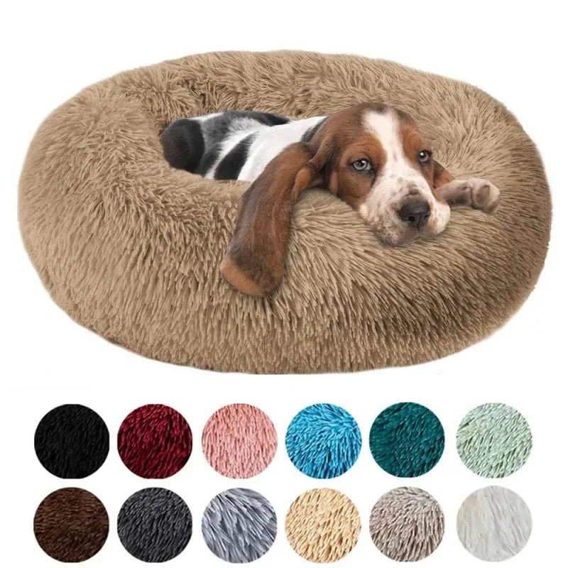 Dog lying on a fluffy brown donut bed with color swatches below - Luxury long plush calming bed for dogs and cats.