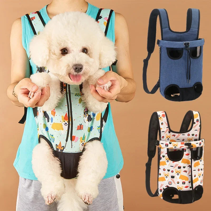 Dog in a colorful carrier backpack with additional carrier designs - Denim pet backpack carrier for small dogs and cats with breathable mesh.
