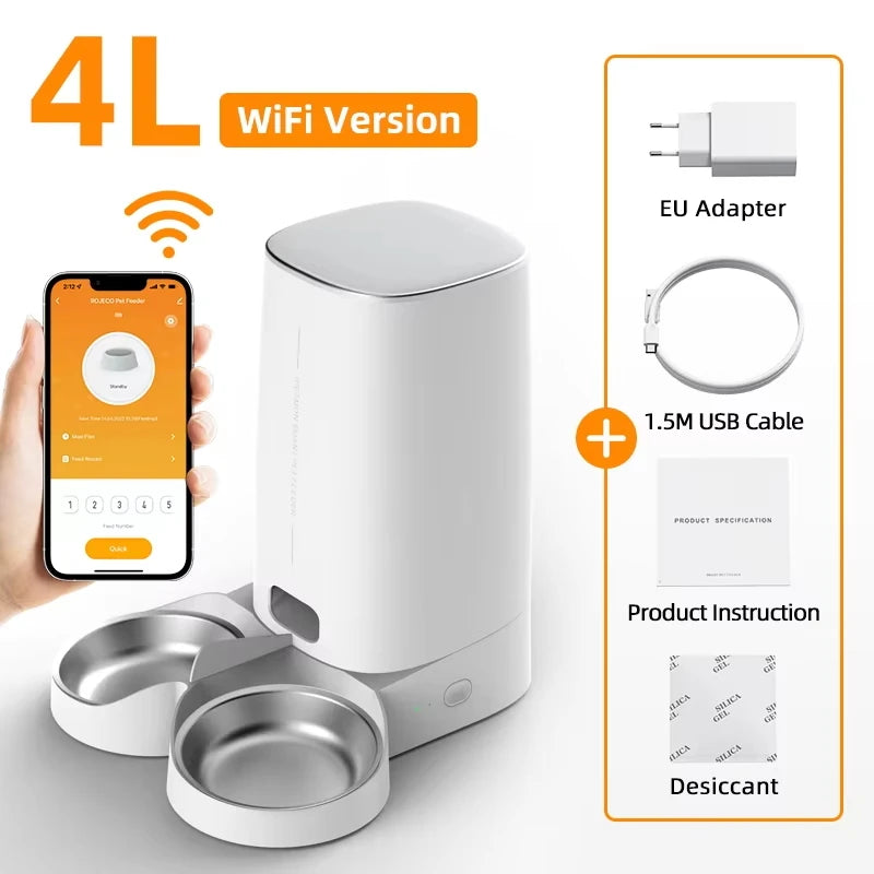 Smart pet feeder with smartphone app, EU adapter, USB cable, product instruction, and desiccant, automatic feeder providing scheduled meals for cats.