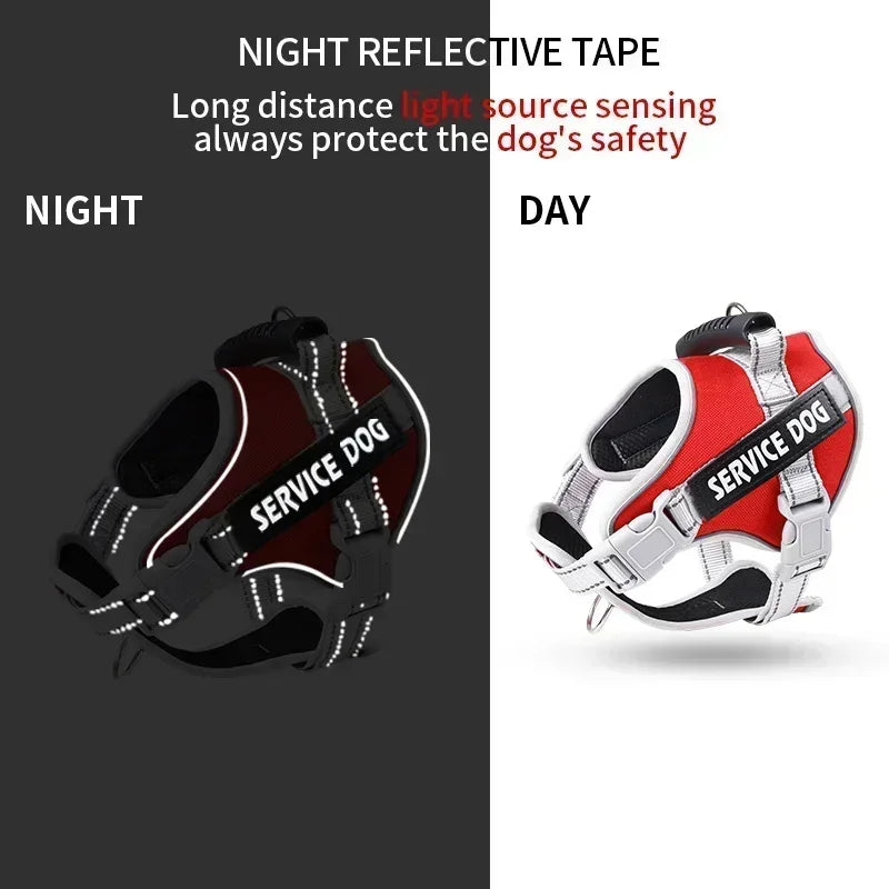 Service dog harness with night reflective tape. Durable working dog harness for outdoor training.
