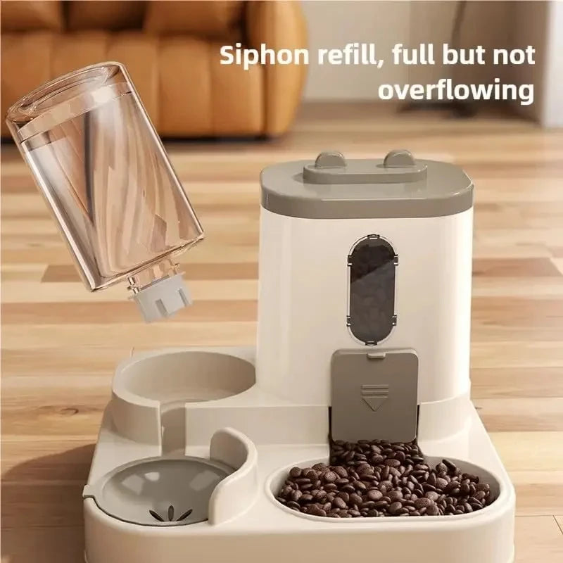 Pet feeder with siphon refill mechanism on a wooden floor, Large-capacity gravity feeding station for pets.