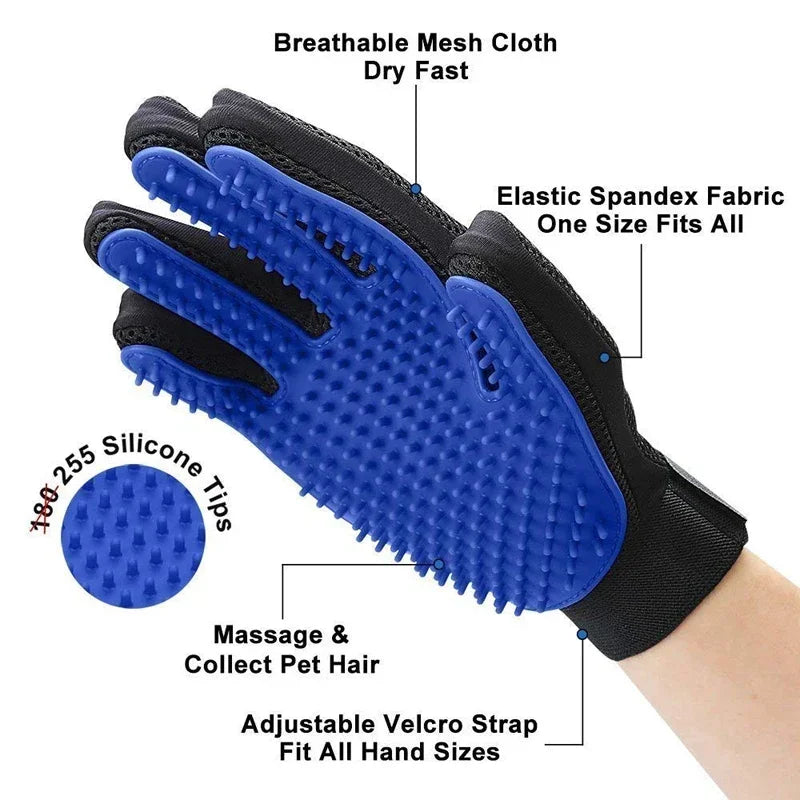 Blue grooming glove with text highlighting features on a white background. Flexible blue pet grooming glove with adjustable wrist strap and five-finger design.