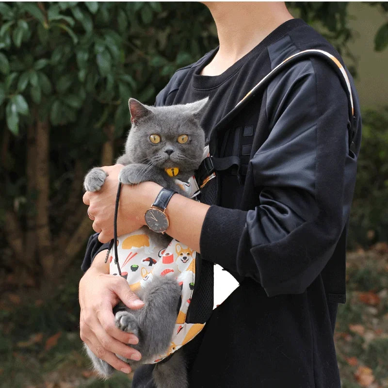 Person holding a gray cat in a sling with a blurred green outdoor background - Hands-free black pet carrier for hiking and walking.