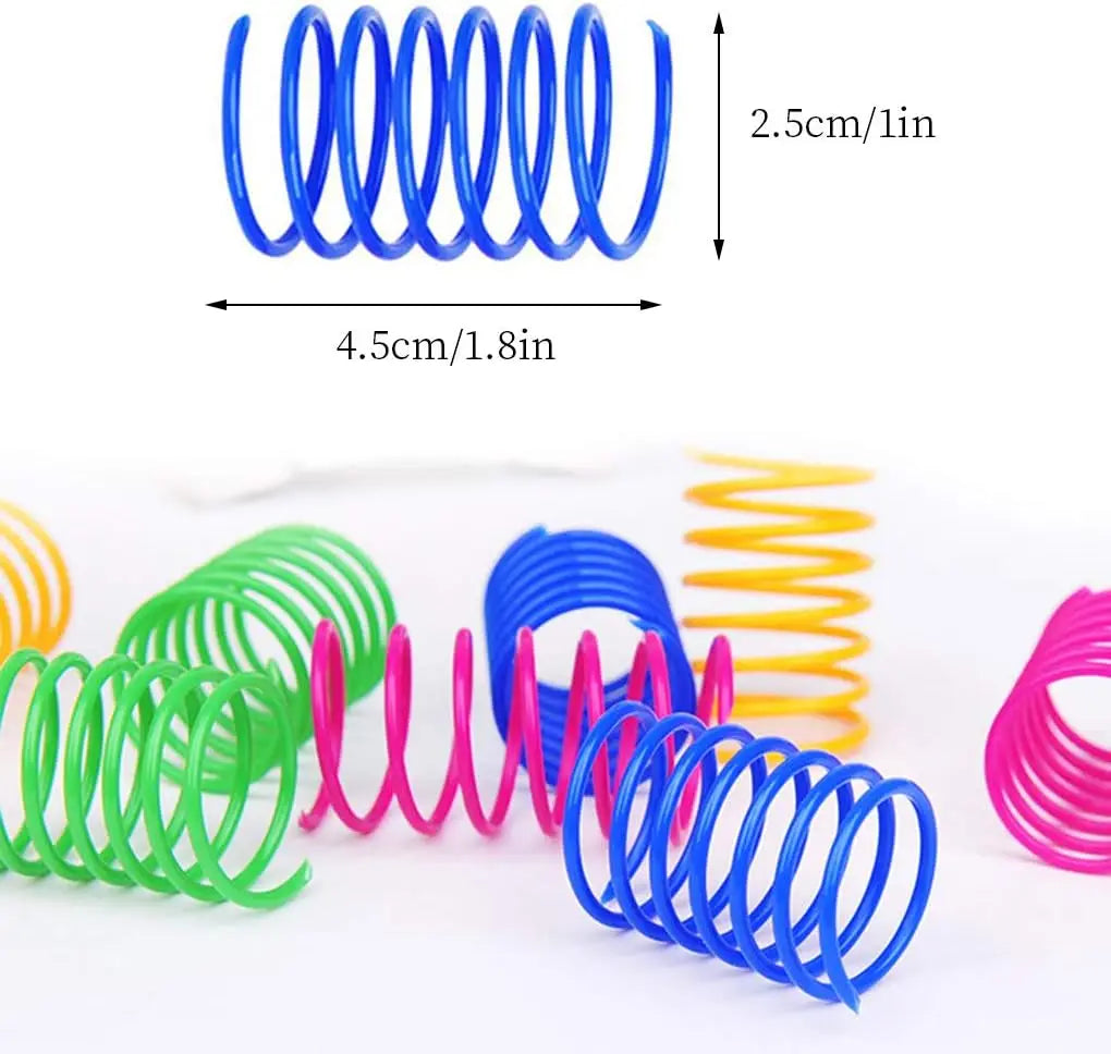 Colorful spring toys with measurements. Interactive cat springs for chasing pouncing and swatting. 