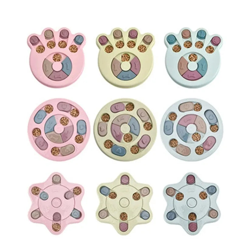 Set of colorful paw-shaped pet toys, Dog slow feeder puzzle for engaging mealtime activity.
