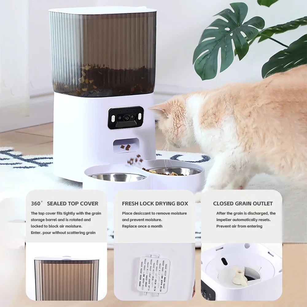 Pet food dispenser with a cat in the background, featuring text labels, Automatic pet feeder with adjustable portion control.