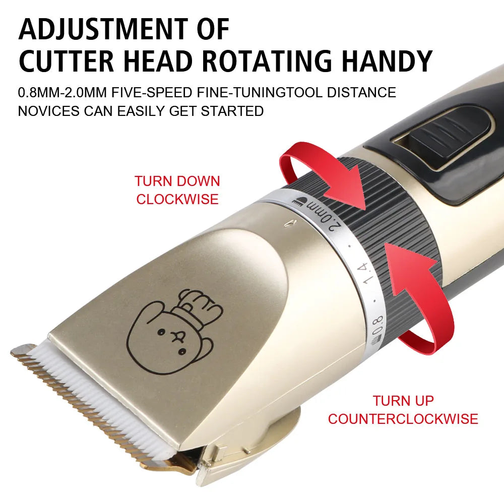 Close-up of rechargeable pet clipper blade with adjustable trimming feature for coat grooming.