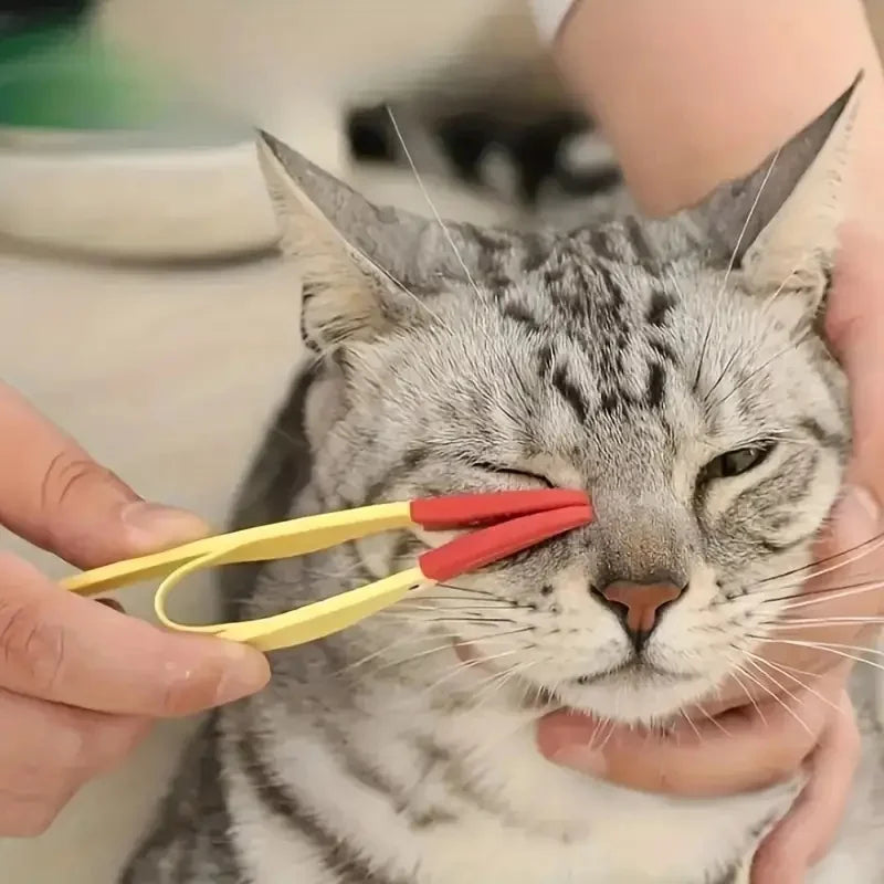 Cat being groomed with a tool held by a person - Fine-tooth grooming comb designed to remove tear stains from pets.
